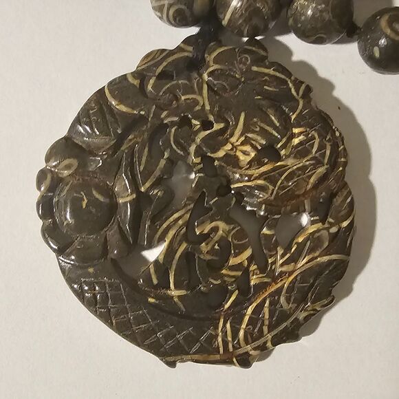 Shell Fossil Beaded Necklace, Dragon Carved Pendant, Strand Dark Stone - Picture 3 of 6